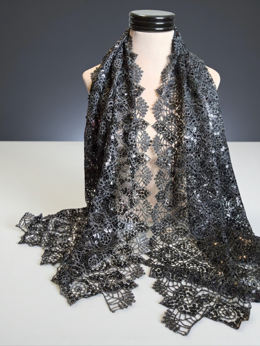 Black Sequin Lace Evening Wrap Long Scarf with Metallic Thread Accents NWT 64x21